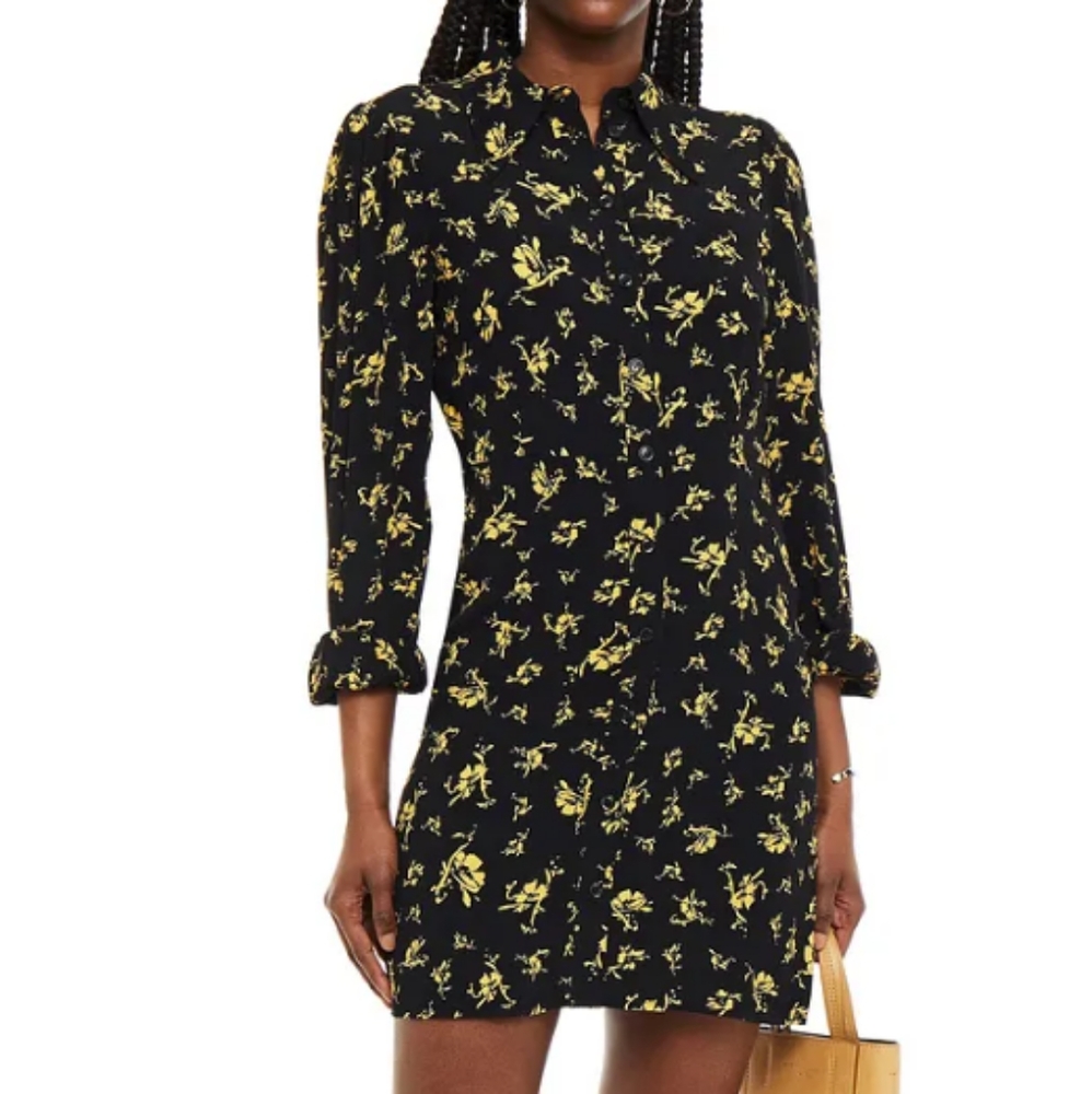 Ganni Black And Gold Floral Printed Crepe Mini Shirt Dress